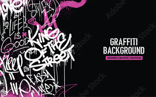 Graffiti background with throw-up and tagging hand-drawn style. Street art graffiti urban theme in vector format.