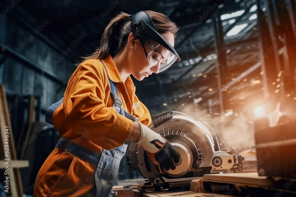 Strong woman carpenter working with circular saw on wooden plank in workshop. Craftswoman with successful small business, women's equality Strong woman carpenter working with circular saw on wooden plank in workshop. Craftswoman with successful small business, women's equality