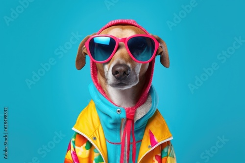 Dog wearing colorful clothes and sunglasses looks at the camera