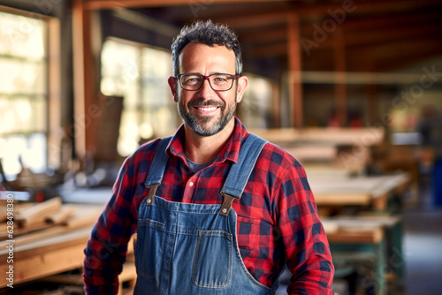 Portrait of smiling joyful satisfied craftsman wearing apron and glasses working in own wooden workshop, successful small business