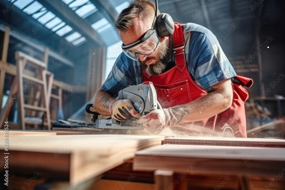 Carpenter working with circular saw on wooden plank in workshop. Craftsman with successful small business Carpenter working with circular saw on wooden plank in workshop. Craftsman with successful small business