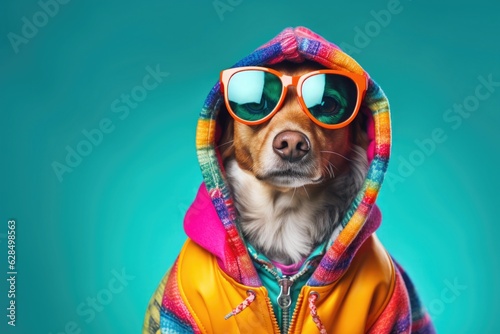 Dog wearing colorful clothes and sunglasses looks at the camera © kramynina