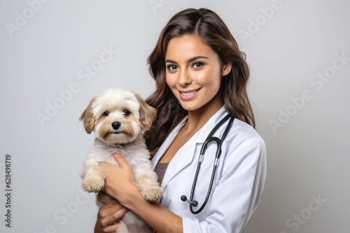 Woman veterinarian holding a dog 
