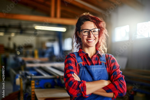 Portrait of smiling joyful satisfied craftswoman wearing apron and glasses working in her wooden workshop