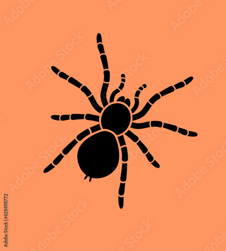 Black silhouette of a tarantula spider. Vector illustration isolated on orange background, halloween symbol, for halloween celebration decor, logo, tattoo, emblem.
