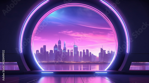 round neon arch portal with a view of the panorama of the modern city cityline skyscrapers  podium presentation