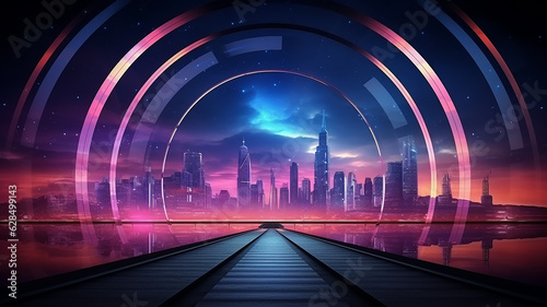 round neon arch portal with a view of the panorama of the modern city cityline skyscrapers, podium presentation