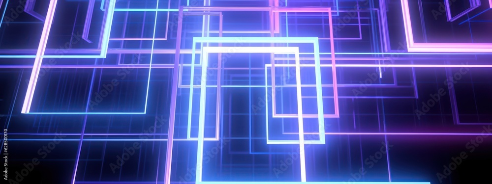 3d render. Abstract geometric background of glowing square neon frames. Modern simple wallpaper