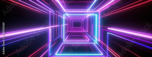 3d render. Abstract geometric background of glowing square neon frames. Modern simple wallpaper