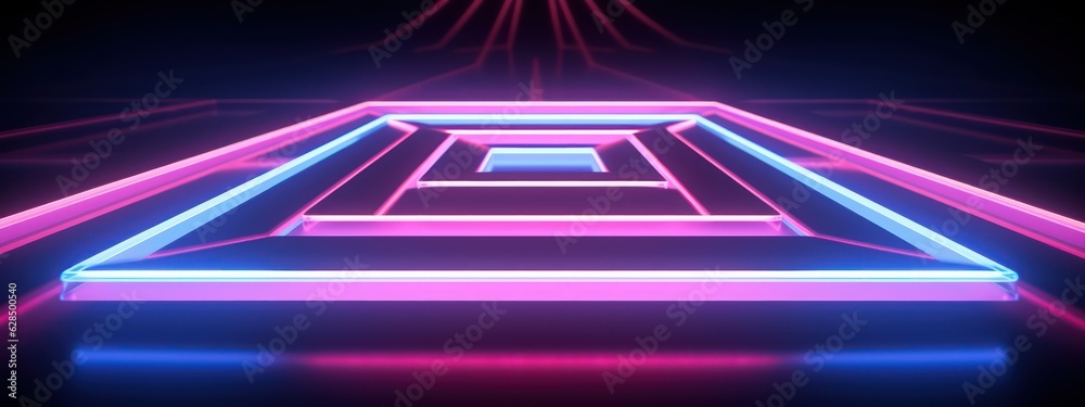 Fototapeta premium 3d render. Abstract geometric background of square neon frames glowing in the dark. Performance stage platform. Modern simple wallpaper