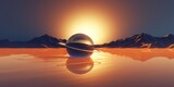 3d render. Abstract minimal background of fantastic sunset landscape, golden glossy ball, saturn planet, hills and reflection in the water. Surreal aesthetic wallpaper