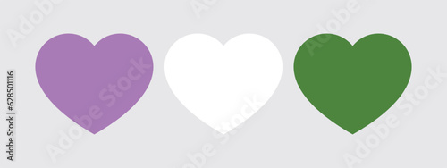 Purple, white, and green colored heart icons, as the colors of the genderqueer flag. LGBTQI concept. Flat vector illustration.