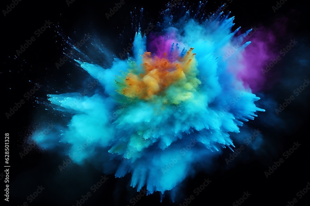 Colored powder explosion. Abstract closeup dust on backdrop. Colorful explode. Paint holi, Generative AI