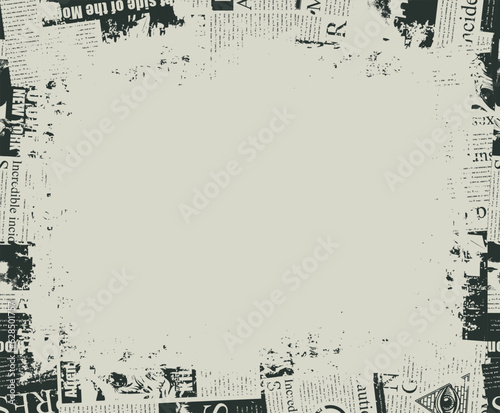 Abstract frame background with a chaotic layering of newspaper text, illustrations, headlines and a place for an inscription on a light background. Creative vector background in grunge style.