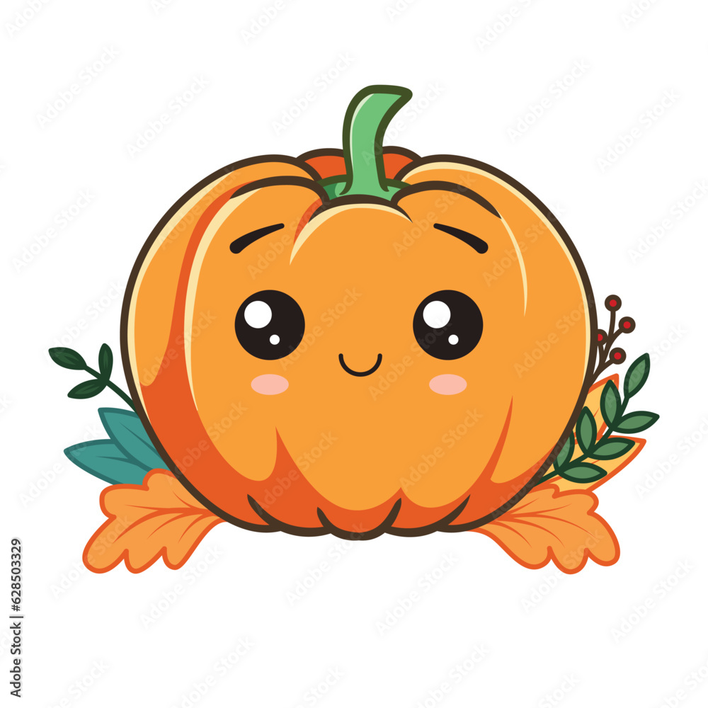 Obraz premium Cute pumpkin character with a autumn leaves. Vector illustration isolated on white background
