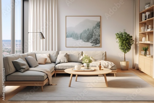 Stylish scandinavian living room with design furniture  plants  bamboo bookstand and wooden desk. Brown wooden parquet. Abstract painting on the white wall. Nice apartment Generative AI