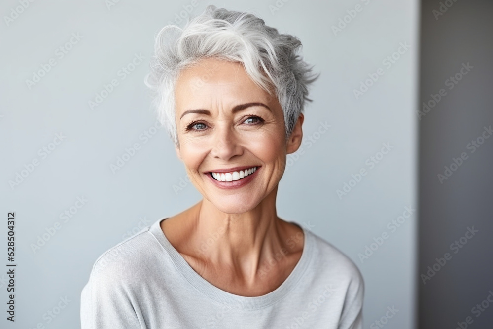 A joyful mature woman with a radiant smile, exuding positivity and contentment Generative AI A joyful mature woman with a radiant smile, exuding positivity and contentment Generative AI