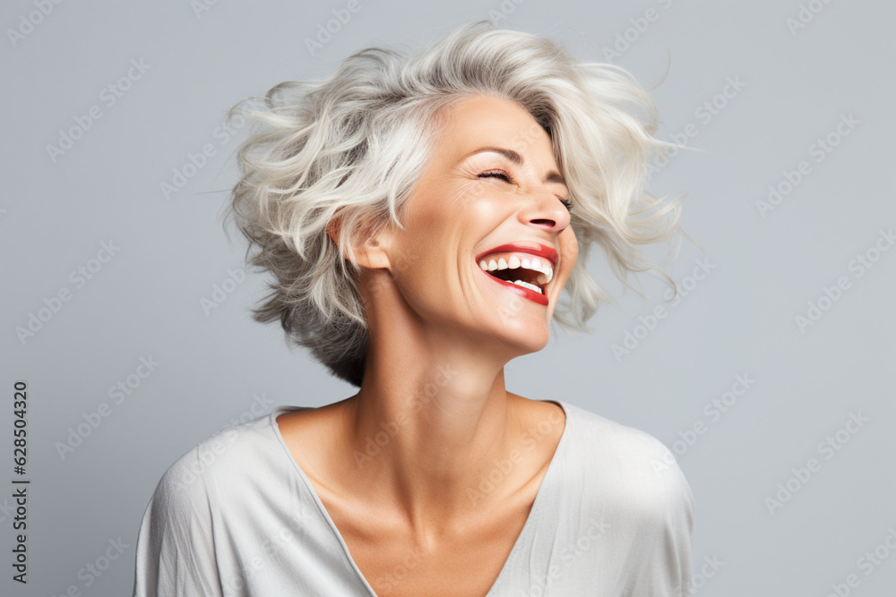 An elegant mature woman laughing heartily, expressing pure happiness Generative AI