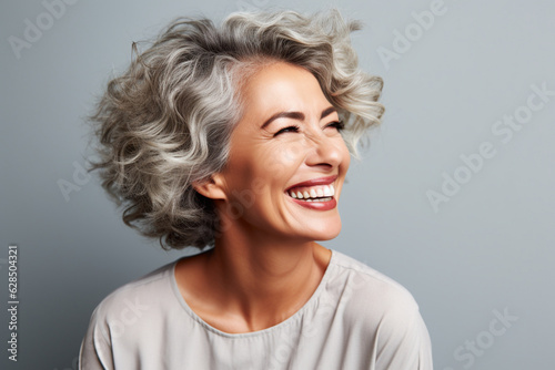 An elegant mature woman laughing heartily, expressing pure happiness Generative AI