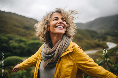 An enthusiastic mature woman embracing nature, relishing in the beauty of the outdoors Generative AI