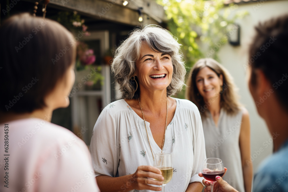 A lively mature woman connecting with friends, enjoying the camaraderie of good company Generative AI