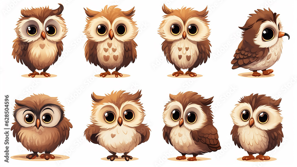Fototapeta premium collection of cute cartoon owls on a white background set