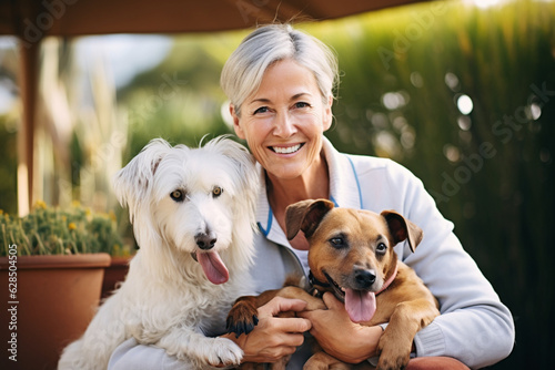 A happy mature woman surrounded by her beloved pets, finding companionship and joy Generative AI