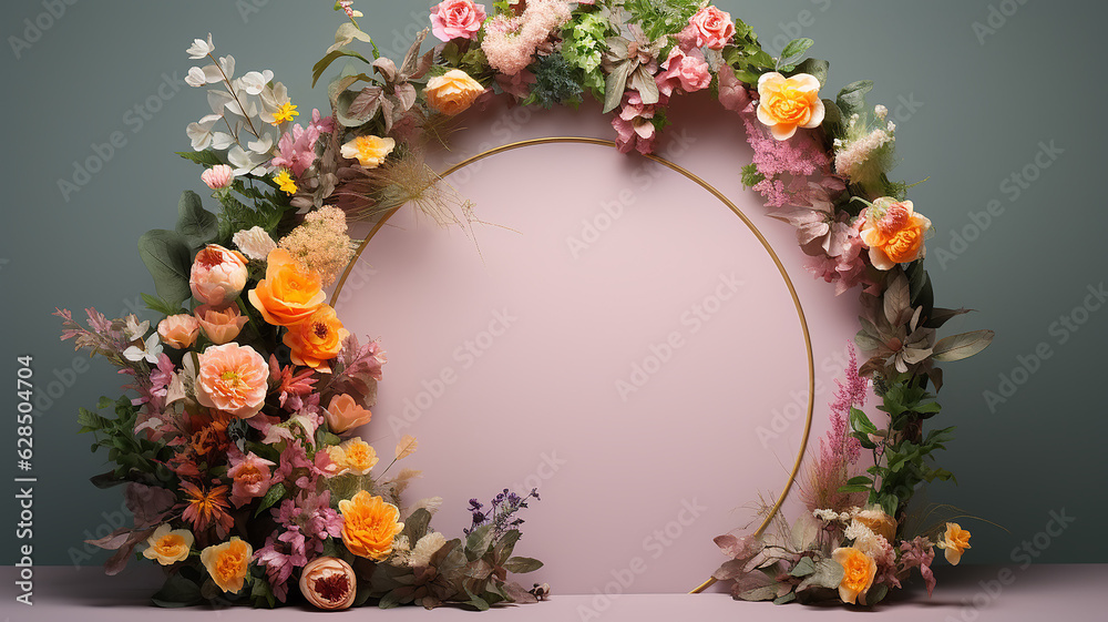 round frame with flowers presentation studio background stage podium abstract invitation