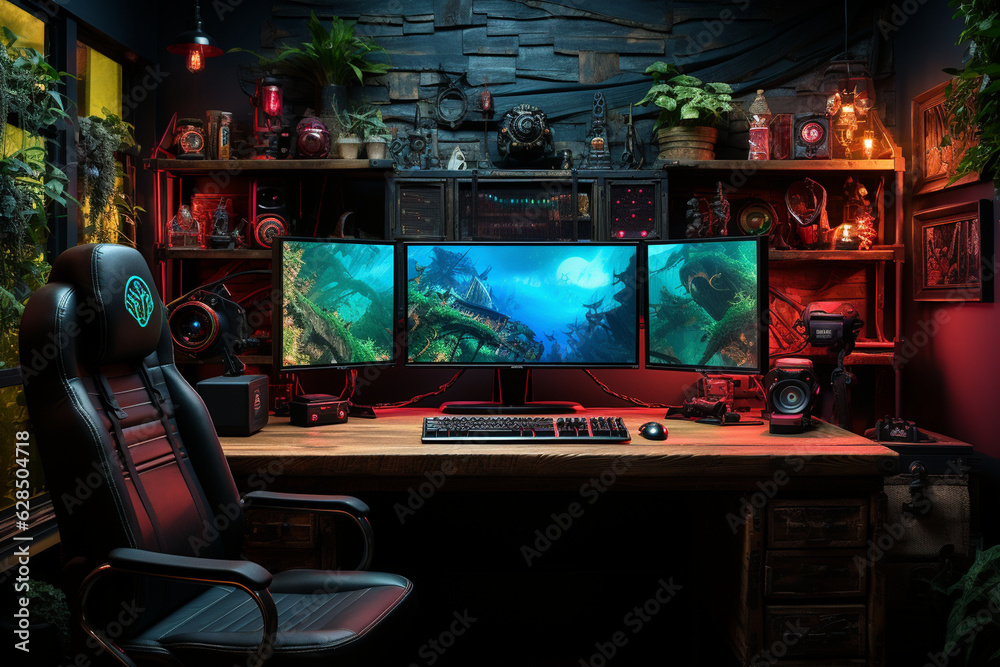 Gamer's desk with game boxes and collectibles, gamer, computer games Generative AI Gamer's desk with game boxes and collectibles, gamer, computer games Generative AI