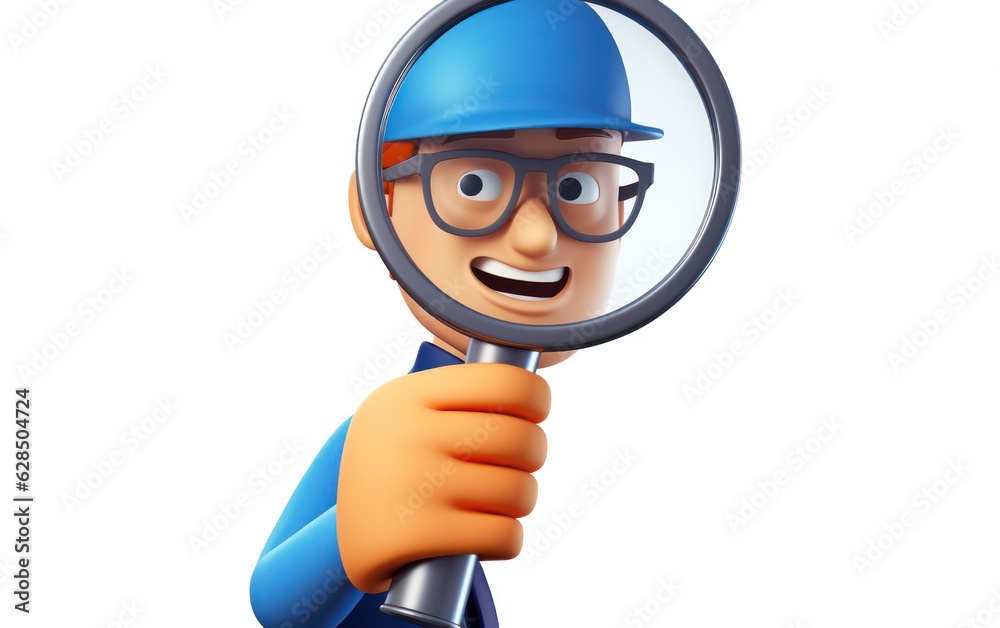 3d render. Search icon. Cartoon character hand holds big magnifying glass lens. Business of science clip art isolated on white background 3d render. Search icon. Cartoon character hand holds big magnifying glass lens. Business of science clip art isolated on white background