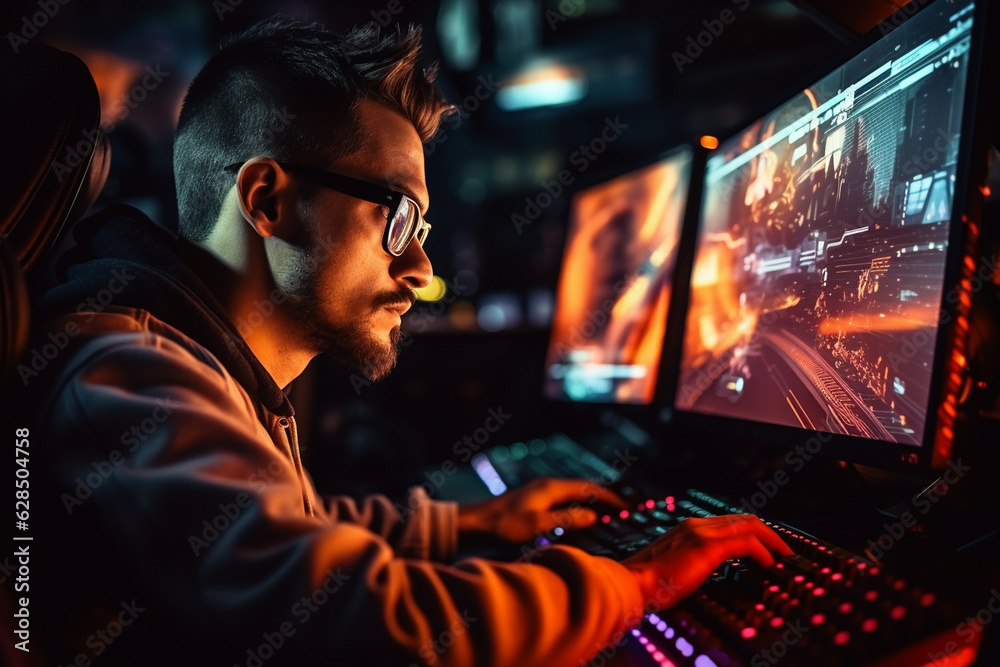 Gamer's eyes focused on the screen with reflections of the game, gamer, computer games Generative AI Gamer's eyes focused on the screen with reflections of the game, gamer, computer games Generative AI