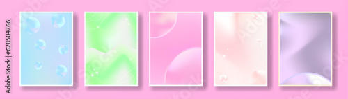 Set of Beautiful Abstract Pastel Posters in liquid gradient concept, geometric elements. Modern and trendy. Blue, pink, yellow pastel colors. Vector Illustration.
