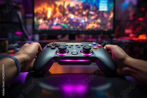 Gamer's hands on a game controller with a dynamic background, gamer, computer ga Fototapet