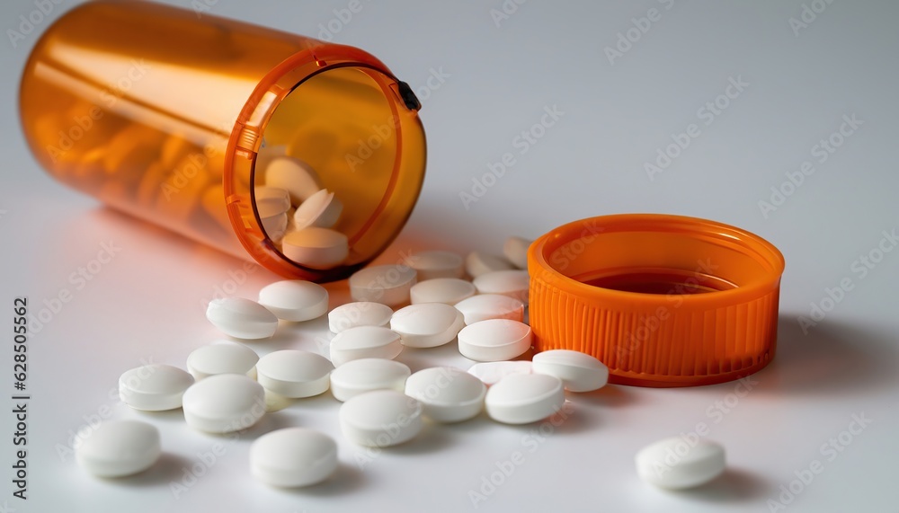 Bottle of pills spilling out onto a table Bottle of pills spilling out onto a table