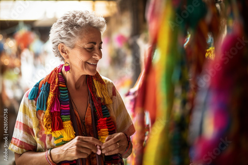 A vibrant mature woman strolling through a colorful local market, discovering unique handmade crafts Generative AI