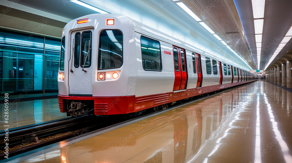 Naklejka premium Train and Underground Platform. Railway Metro Station.