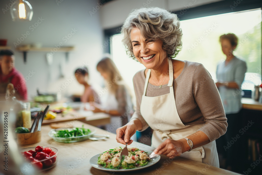 A cheerful mature woman at a cooking class, learning new recipes and enjoying the delicious creations Generative AI