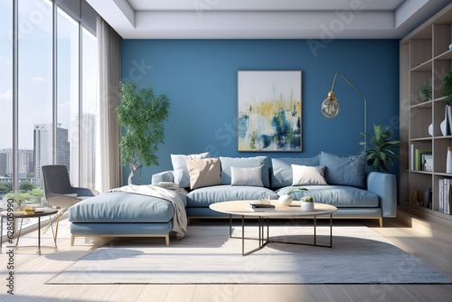 Mock up wall in steel blue modern interior background  living room  Scandinavian style   bright living room interior with royal blue couch    living room with a blue accent wall  Generative AI