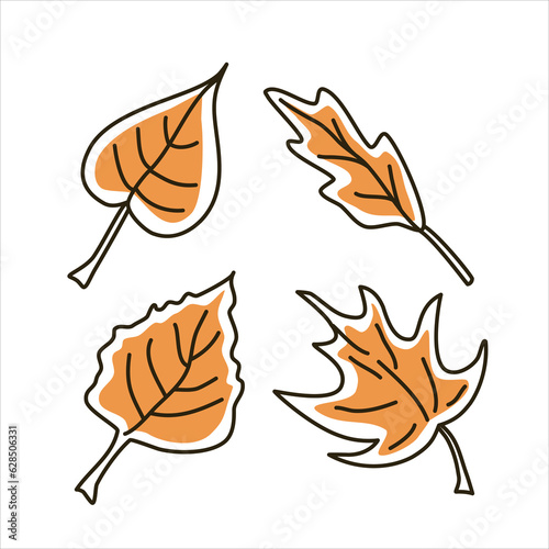Set of vector black line illustrations of leaves with partial fill.
