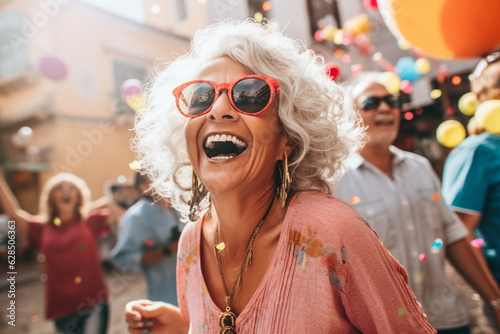 A cheerful mature woman attending a lively street festival, dancing and rejoicing in the festivities Generative AI