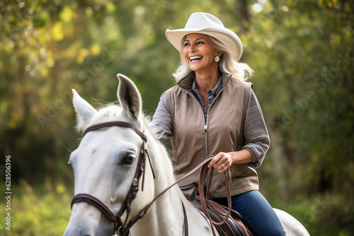 A joyful mature woman horseback riding through scenic trails, feeling connected to nature and the horse Generative AI