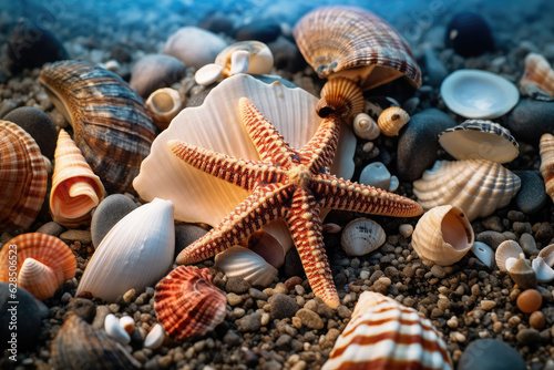 Vibrant Starfish and Colorful Seashells on Golden Beach Created with Generative AI