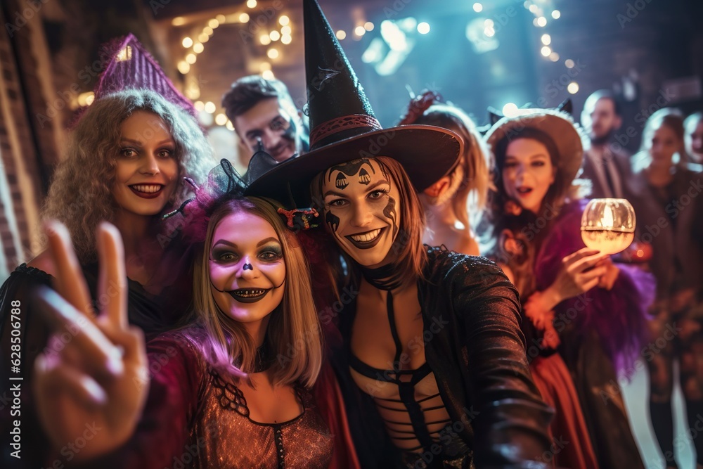  Friends enjoying party celebrating in Halloween witch costume made with generative ai technology