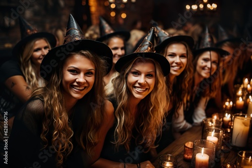  Friends enjoying party celebrating in Halloween witch costume made with generative ai technology