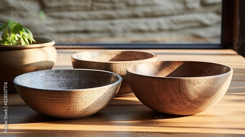 beautiful bowls and plates on a wooden table generative ai
