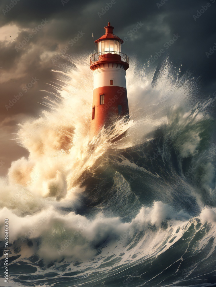 A lighthouse strucked by waves on the ocean