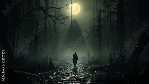 Horror a lonely silhouette in a gloomy foggy forest, maniac thriller the darkness of the night