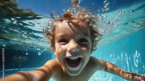 Happy kid having fun swimming underwater. © visoot
