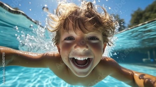 Happy children have fun in swimming pool, Funny child swim, dive in pool. © visoot