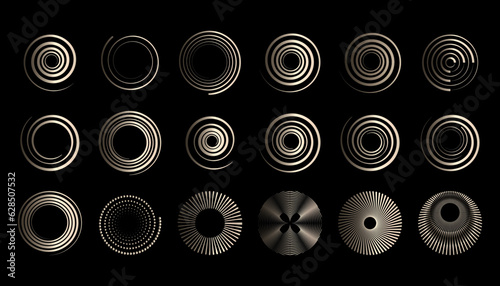 Set of circles with a metallic gold color on a black background, abstract geometric swirls shapes. Circle forms spirals and whirlpool symbols.